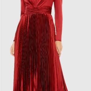 Deep Red Pleated Long Sleeve V-Neck Dress